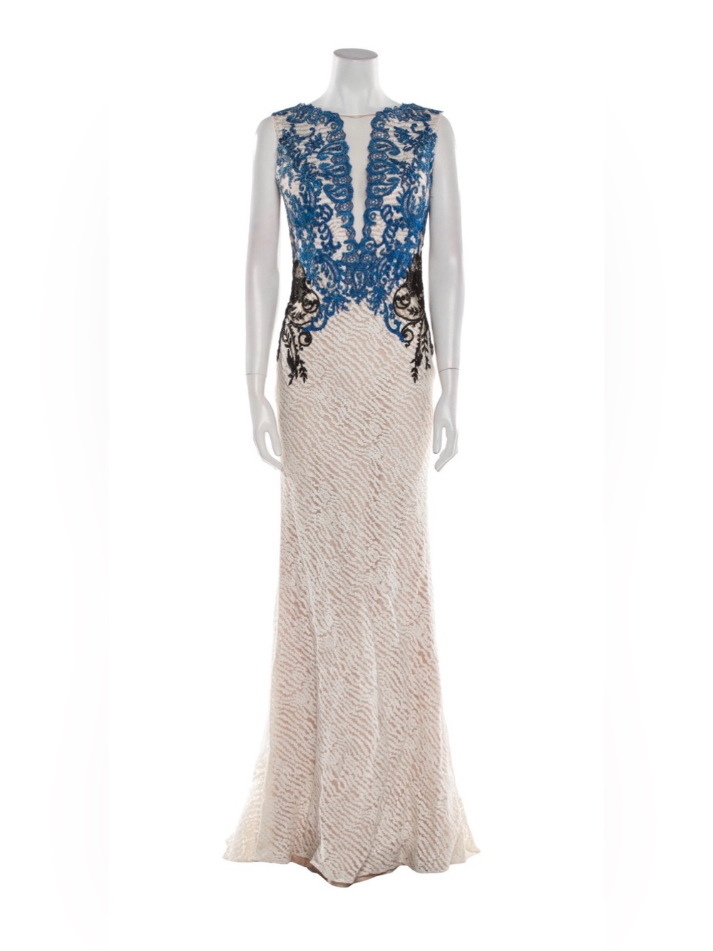 Gemy Maalouf Embroidered Blue, black & Cream Body embroidered Lace Evening dress